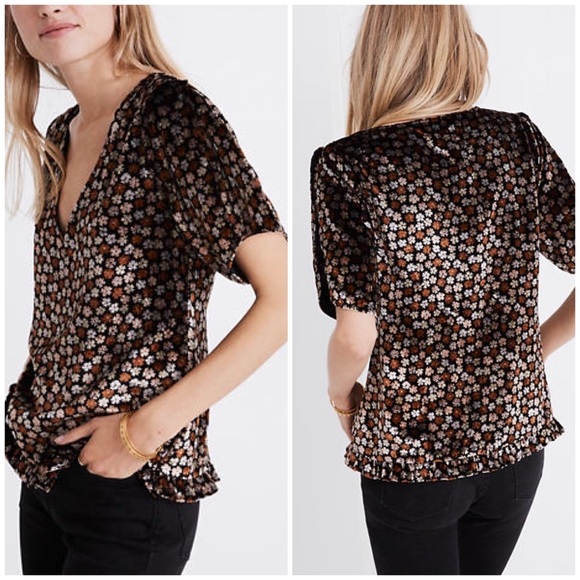 NWT Madewell Velvet Tulip Sleeve Ruffle Top Small - Picture 1 of 12